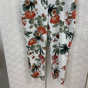 Chico's White Floral Cropped Pants with Orange & Green Print